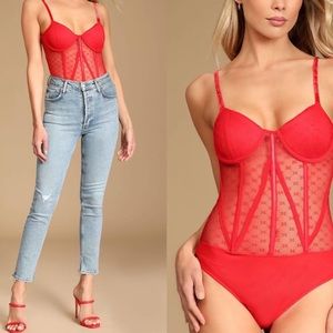 Lulus Lace Bombshell Behavior Red Corset Bodysuit Size Small
